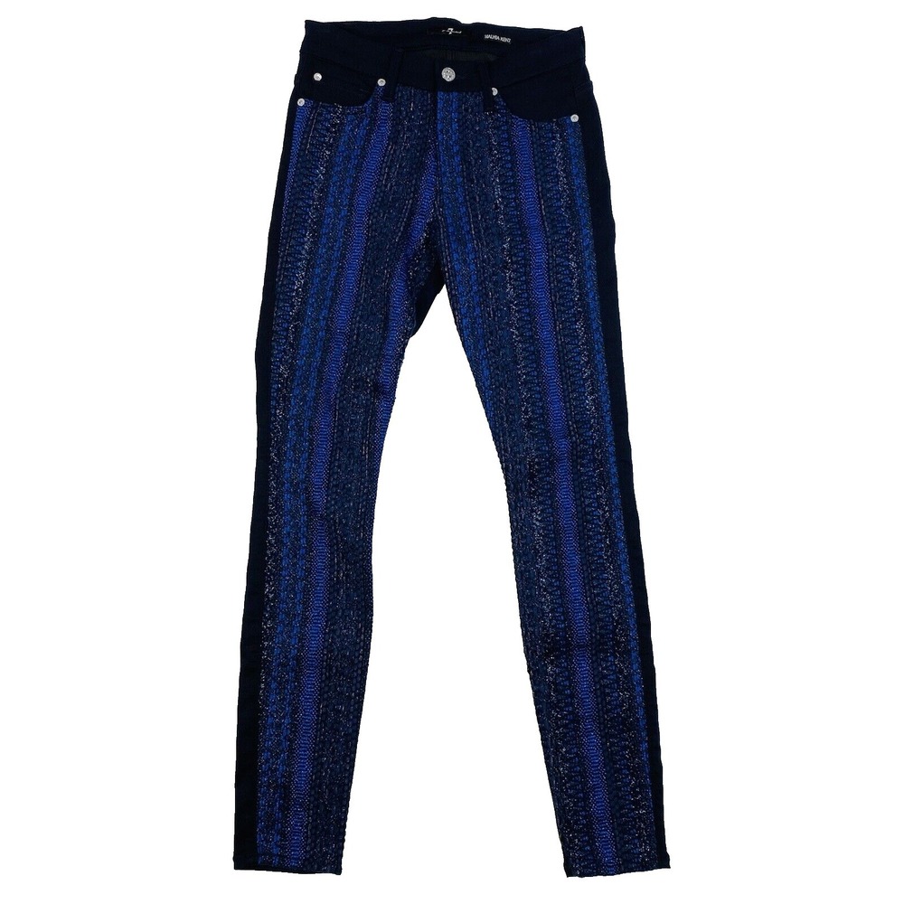 NWOT 7 FOR ALL MANKIND Malhia Kent Metallic Blue Jacquard Skinny Jeans Size 27